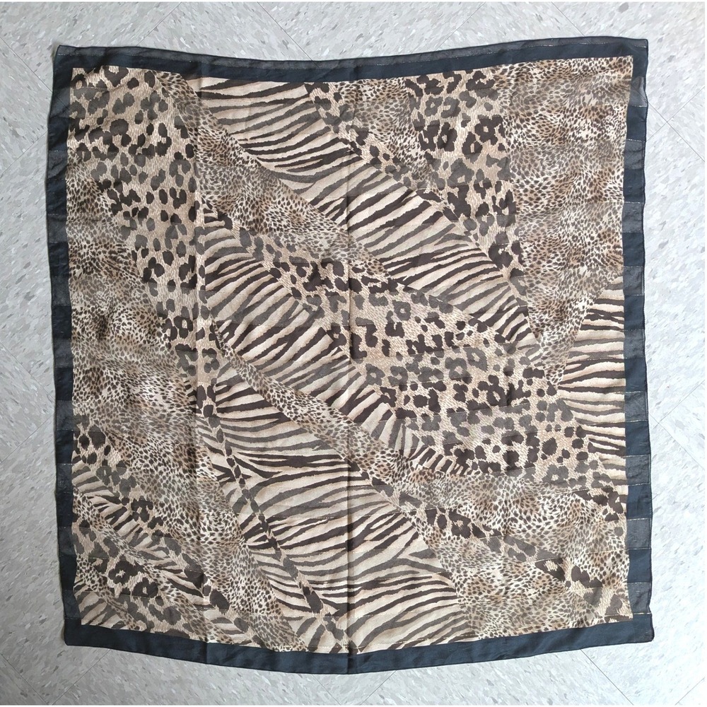 Made in Italy Sheer Animal Print Square Scarf Leopard Tiger Gold Stripe Black